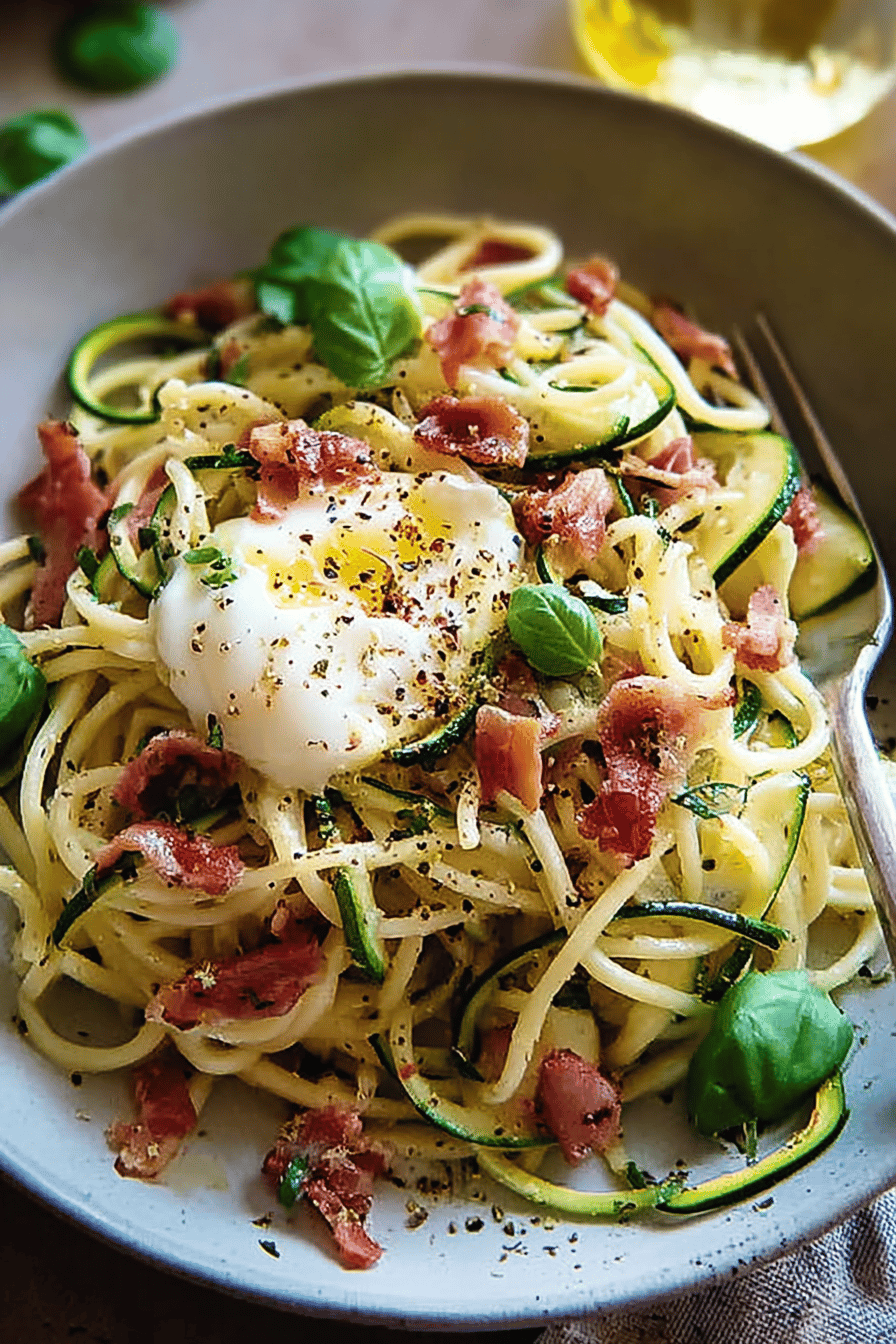 Zucchini Carbonara With Crispy Prosciutto And Creamy Burrata 6 Zucchini Carbonara