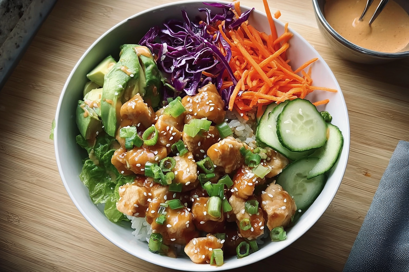 Bang Bang Chicken Bowl With Spicy Creamy Sauce And Fresh Veggies 6 Bang Bang Chicken Bowl