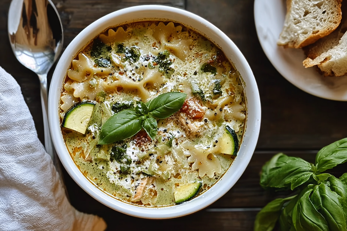 White Pesto Lasagna Soup With Chicken And Fresh Vegetables 6 Pesto Lasagna Soup
