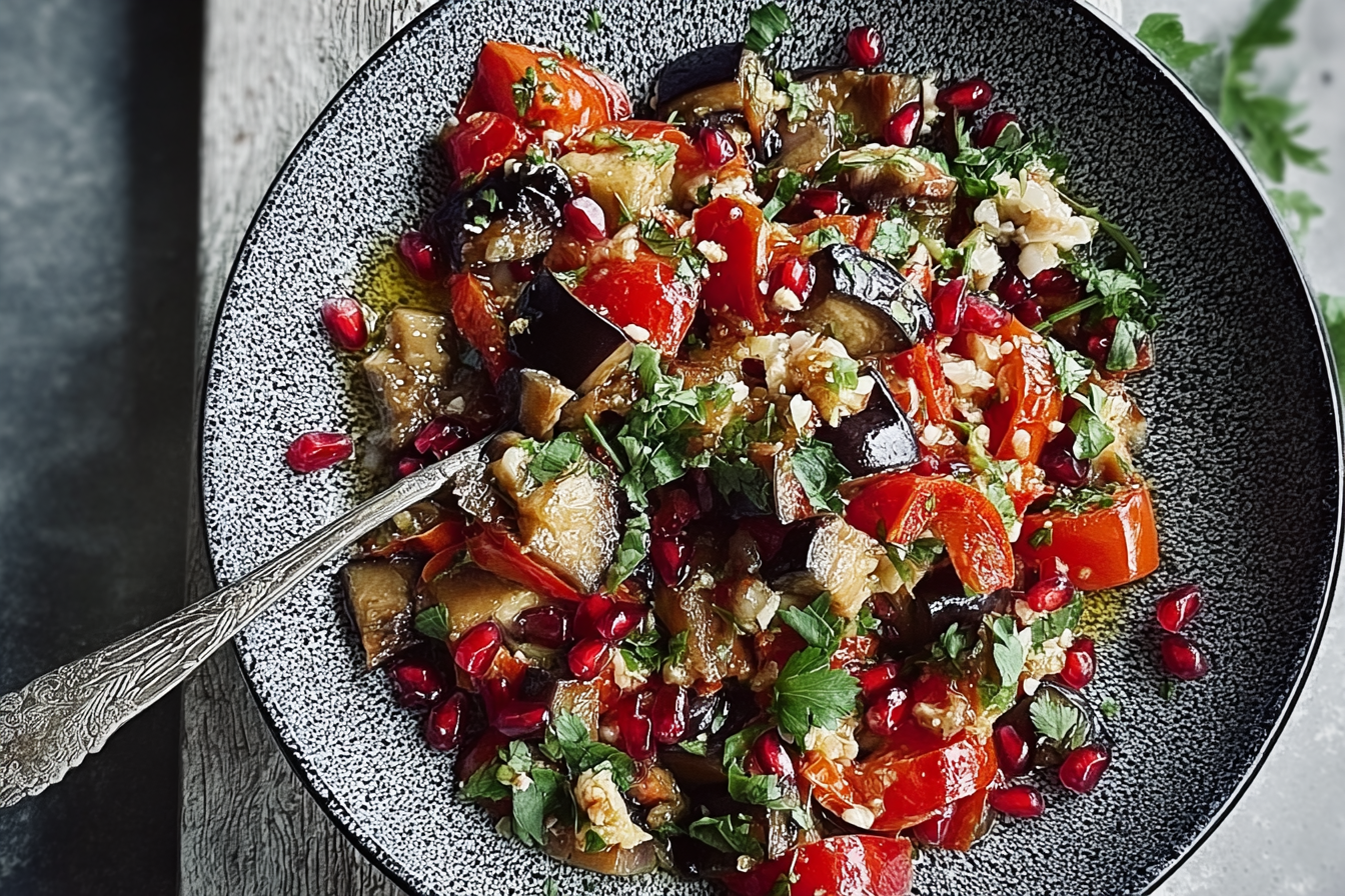 Smoky Aubergine Salad With Roasted Red Pepper And Herbs 6 Smoked Aubergine Salad