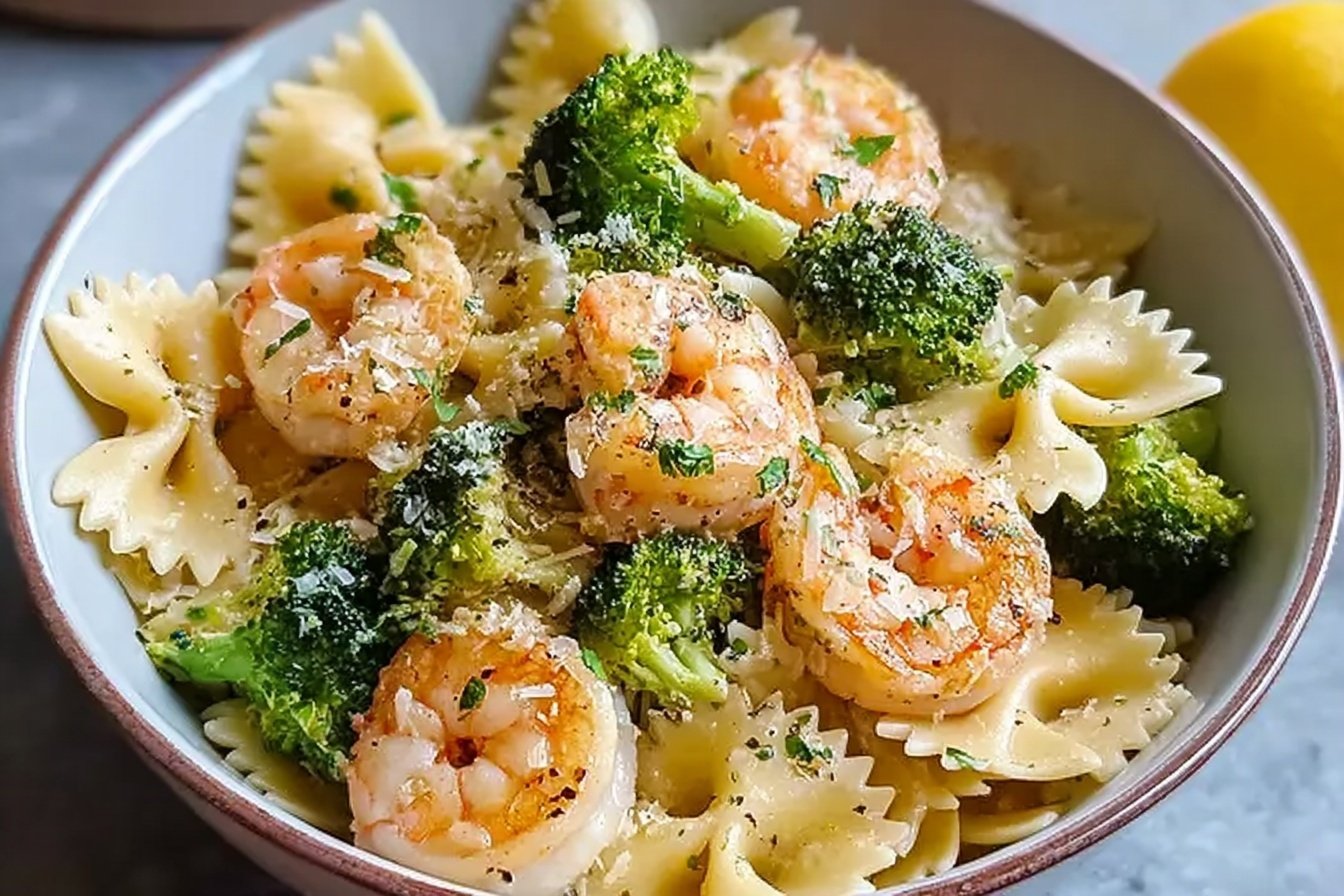 Farfalle Pasta With Shrimp Roasted Broccoli Lemon And Parmesan