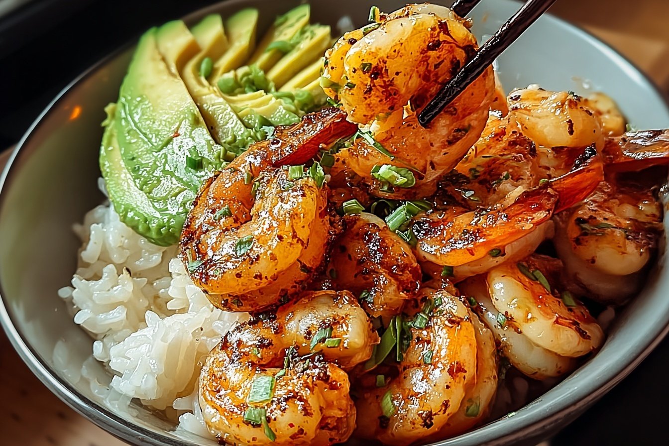 Spicy Shrimp Bowl Recipe With Rice And Peach Avocado Salad 6 Spicy Shrimp And Avocado Rice Bowl